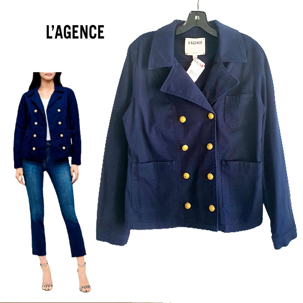 L'AGENCE NEW Old Money Navy Double Breasted Cotton Gabardine Jacket S